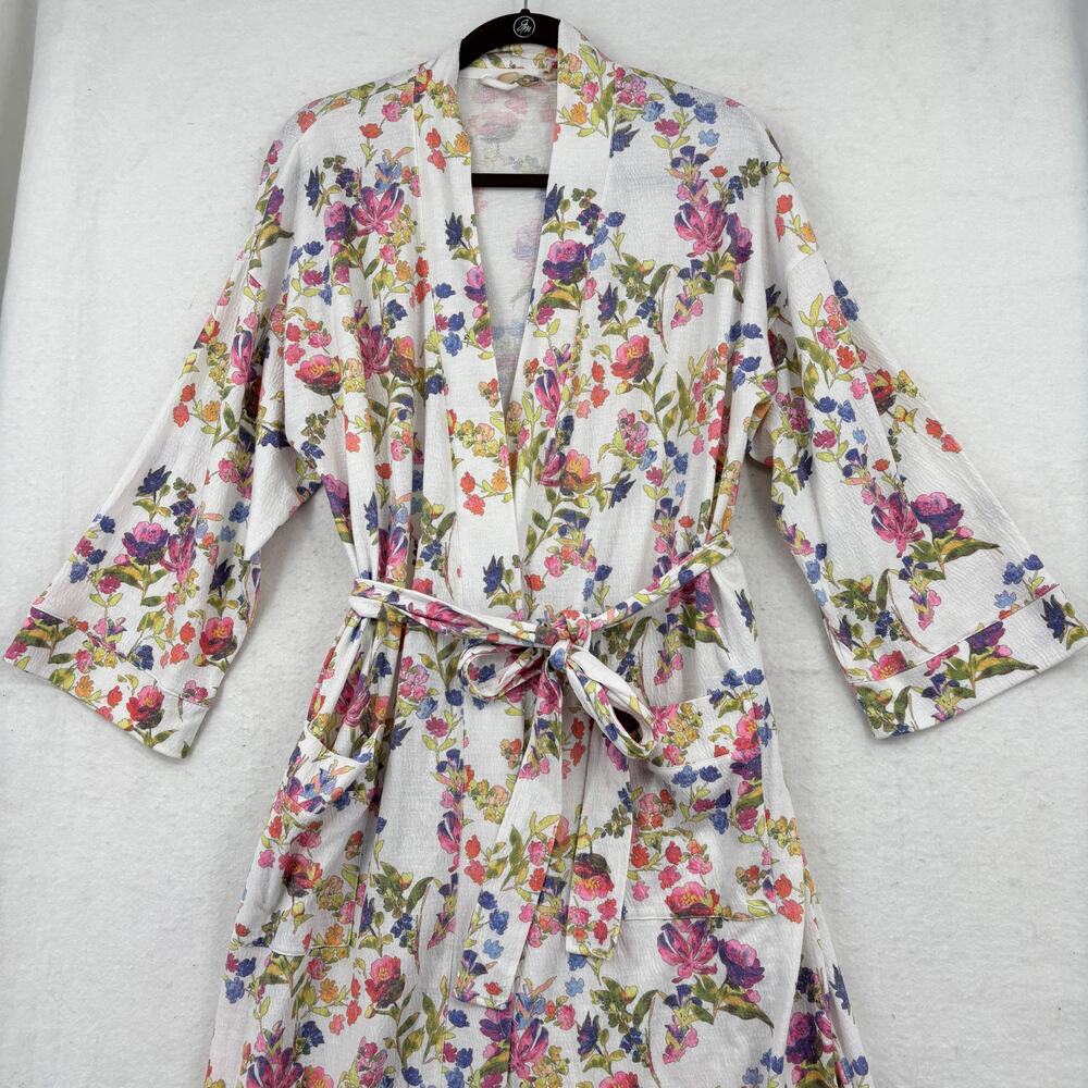 Soft Surroundings Bath Robe Size M White Multi Floral Belted Pockets Stretch - Picture 2 of 11